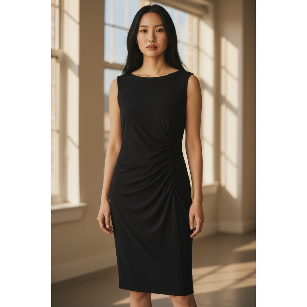 Anne Klein Womens Sleeveless Sheath Dress Black Ruched Waist‎ Cocktail Holiday
